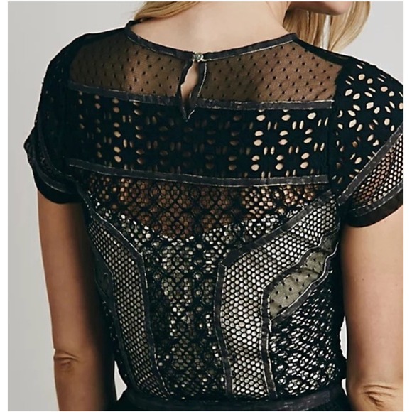 Free People One Dress Womens XS Black Lola Lace Mesh Mini Pleated Raw Edge Mixed - Picture 5 of 14